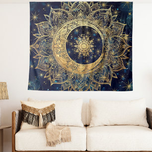 Tenture Gold Celestial Mandala Sun Moon Galaxy Blue Night