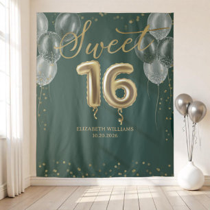 Tenture Gold Foil Sweet 16 Ballons Anniversaires Dos verts