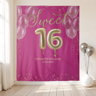 Tenture Gold Foil Sweet 16 Ballons Anniversaires Hot Pink