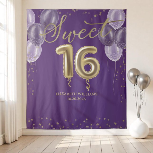 Tenture Gold Foil Sweet 16 Balloons Party Purple fond (Créateur téléchargé)