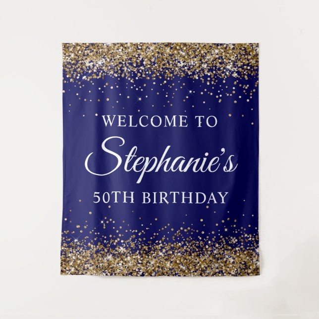 Tenture Gold Glitter Navy Blue 50Th Birthday Party Welcome (Devant)