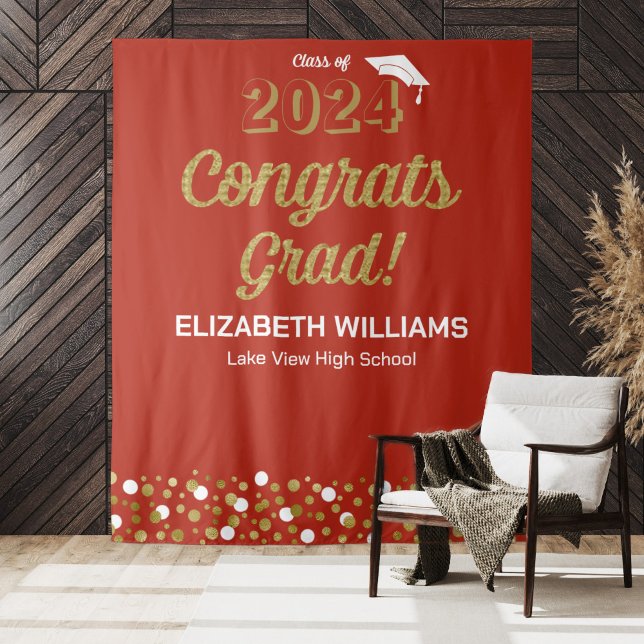 Tenture Gold Script Confetti Congrats Grad Red fond (Créateur téléchargé)