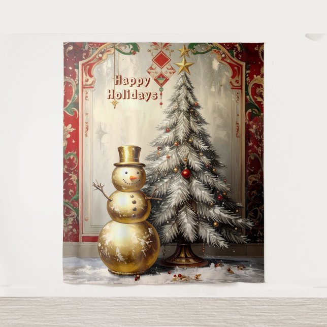 Tenture Gold Snowman Christmas Tree Holiday Backdrop (Devant)