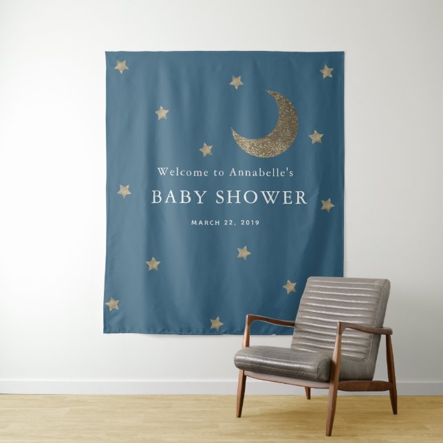 Tenture Gold Stars & Moon Marine Baby shower bleu Tapisser (En situation)