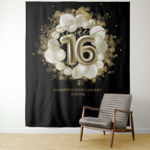 Tenture Gold Sweet 16 Anniversaires Balloons Party Black f
