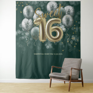 Tenture Gold Sweet 16 ballons Anniversaires Emerald Green