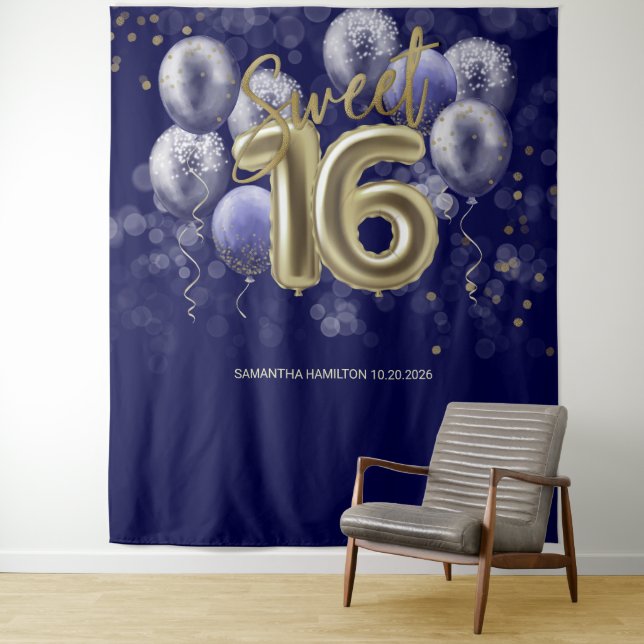 Tenture Gold Sweet 16 ballons Anniversaires Royal Blue fon (En situation)