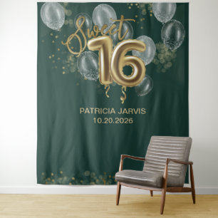 Tenture Gold Sweet 16 Ballons Emerald Green Backdrops
