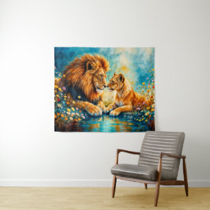 Tenture Golden Lion Lioness fleurs sauvages colorés