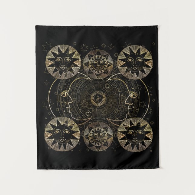 Tenture Golden Sun Moon Stars Art d'astronomie céleste (Devant)