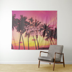 Tenture Good Vibes Tropical Pink Sunset Beach Palm Tree