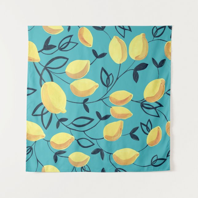 Tenture Gouache de citron jaune motif sur turquoise. (Devant)