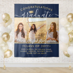 Tenture Graduation 3 Collage photo Grande Marine Bleu & Or