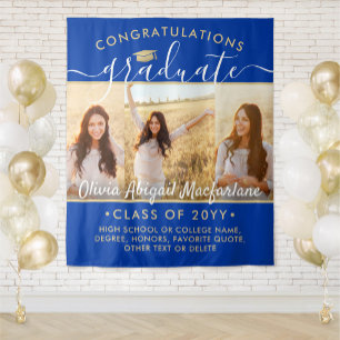 Tenture Graduation 3 Photo Collage Grand Royal Bleu & Or