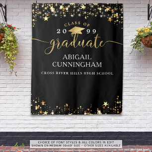 Tenture Graduation Black Gold Stars Confetti Lights Script