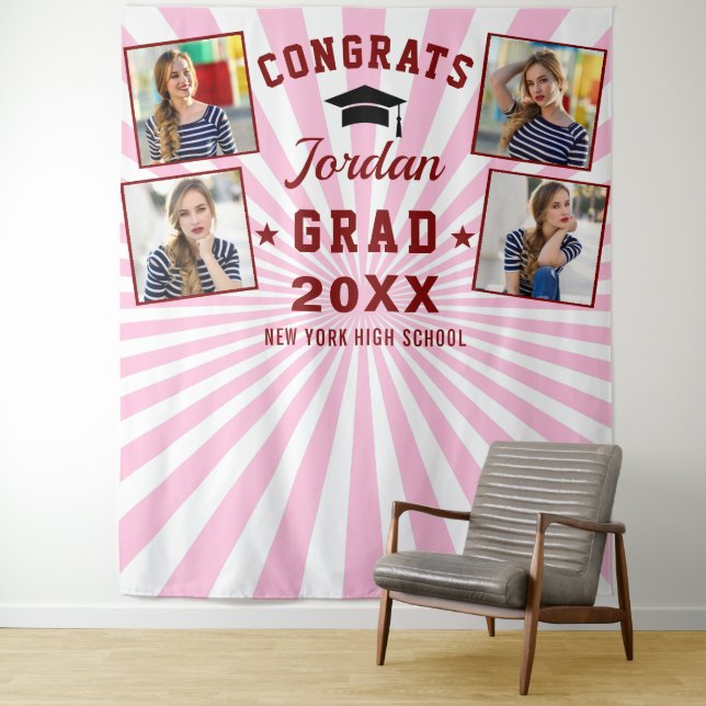 Tenture Graduation moderne rouge rose 4 Photo Booth fond (En situation)