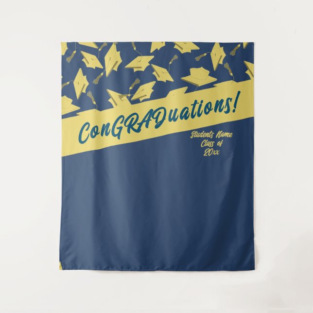 Tenture Graduation Party Photobooth Blue Gold Mortarboards (Devant)