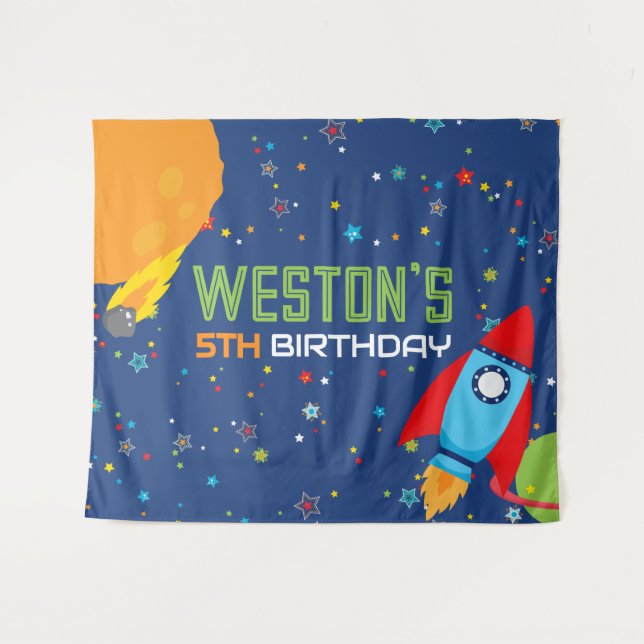 Tenture Grand fond d'anniversaire spatial hors de ce monde (Devant (Horizontal))