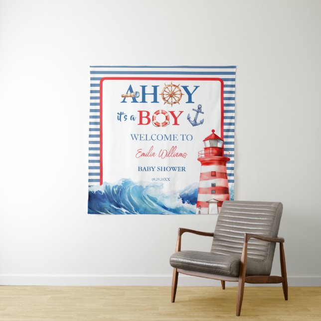 Tenture Grand Striped Blue Red Nautical Ahoy Boy  (En situation)