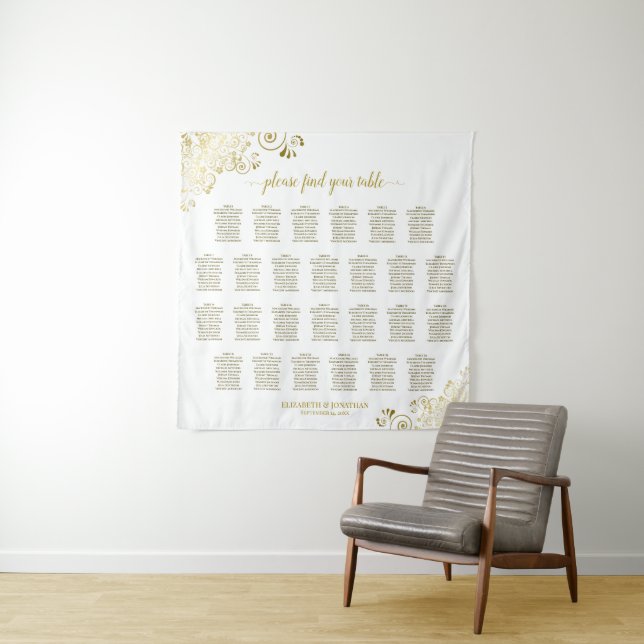 Tenture Grand tableau de plan de table de mariage or et bl (En situation)