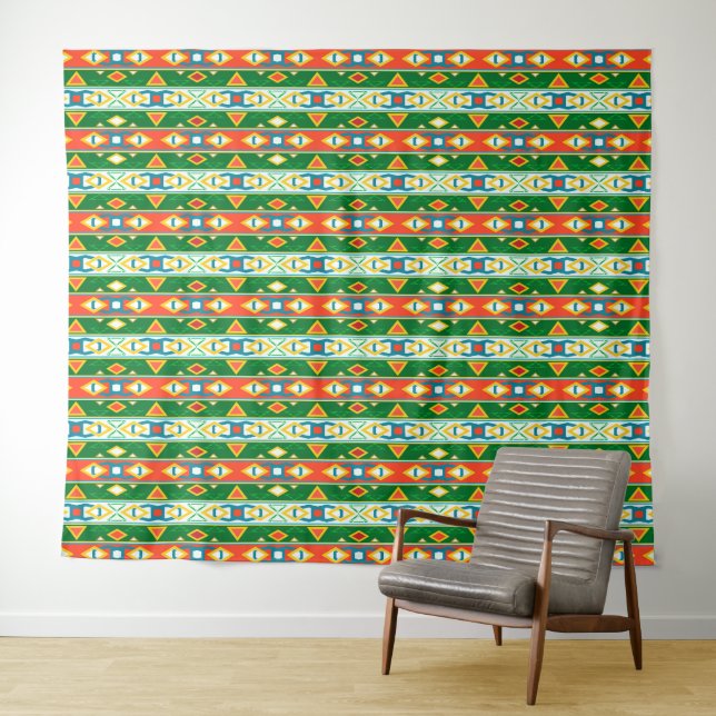 Tenture Grandes et formes géométriques vert orange blanc (En situation (horizontale))