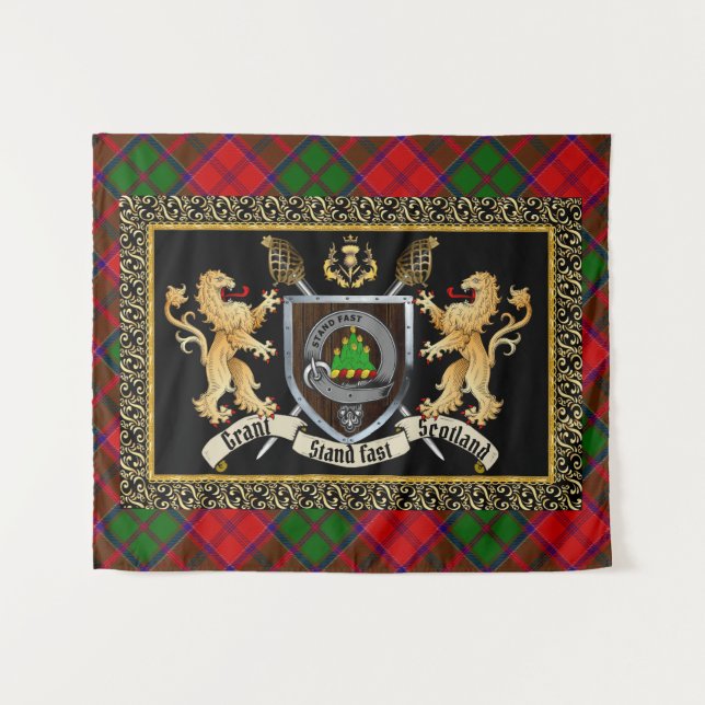 Tenture Grant Clan Badge & Motto avec Lions (Devant (Horizontal))