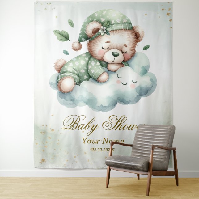 Tenture Green Boho Sleeping Teddy Bear mignonne Party (En situation)