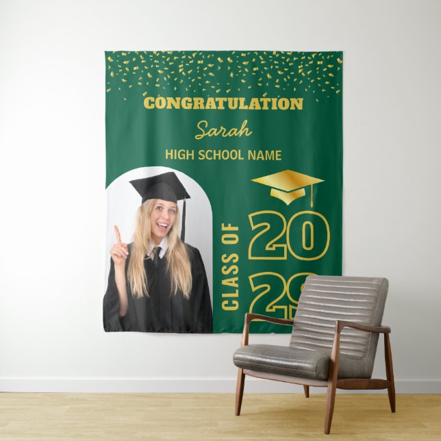 Tenture Green & Gold Custom Gradut Backdrop Avec Photo (En situation)
