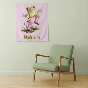 Tenture Grenouille en bottes roses mignonnes dans une flaq