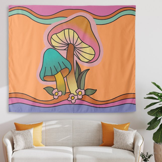 Tenture Groovy Champignon Psychédélique Rétro Hippie 60s (groovy retro mushroom tapestry, orange 60s hippie psychedelic wall hanging college dorm room decor)