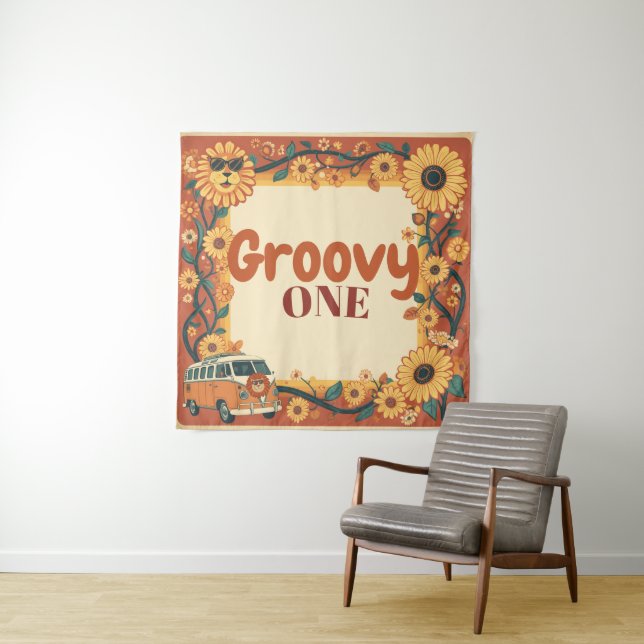 Tenture Groovy Un Lion Anniversaire Rétro 70s Premier Anni (En situation)