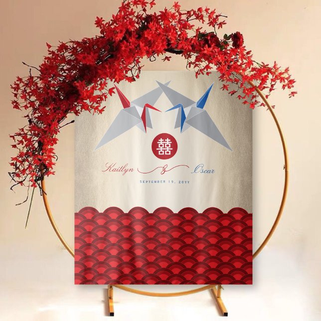 Tenture Grues en papier rouge et bleu Double Mariage de bo (Red & Blue Paper Cranes Double Happiness Chinese Wedding Backdrop Tapestry @ fatfatin_red_knot)