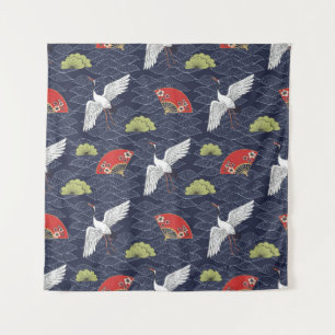 Tenture Grues et ventilateurs japonais : Motif Vintage