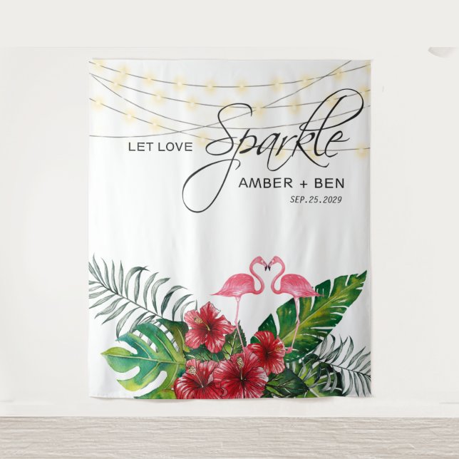 Tenture Guirlande Lumineuse Flamants Roses Fleur Tropicale (Devant)