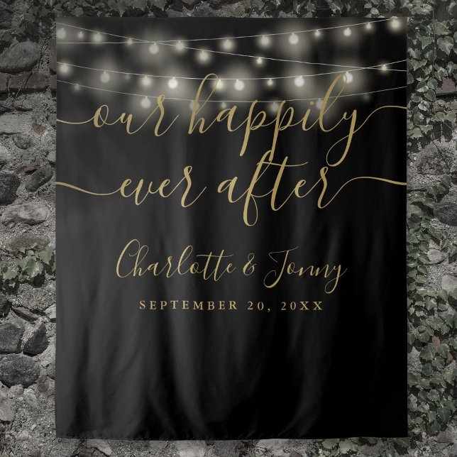 Tenture Guirlandes Lumineuses Fond de Photographie de Mari (String Lights Black Gold Wedding Photo Backdrop)