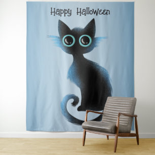 Tenture Halloween Big Eyes Black Blue Evil Chat