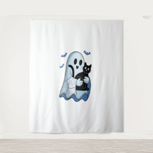 Tenture Halloween bleu Denim Ghost et chat