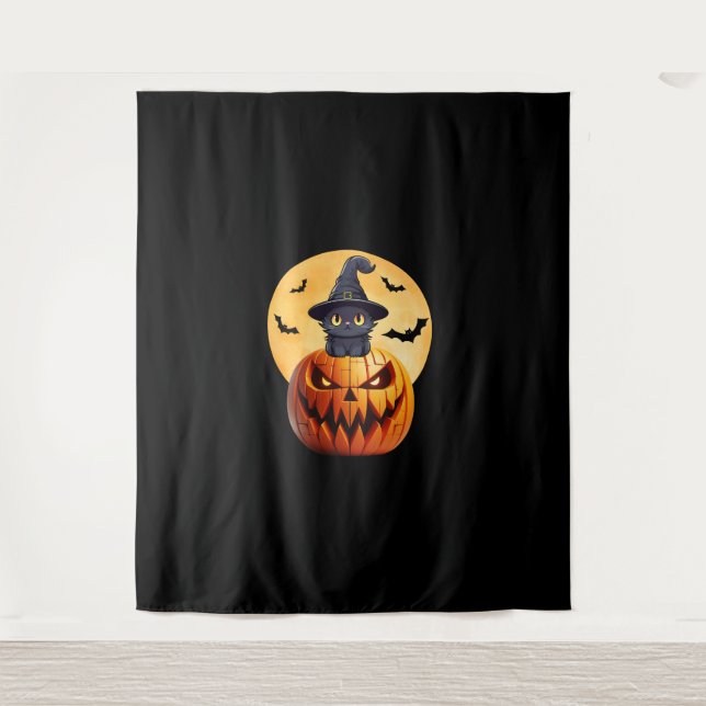 Tenture Halloween Chat Noir Citrouille Apportent l'excitat (Devant)