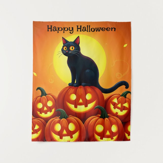 Tenture Halloween chat noir mignon et lanternes Jack (Devant)