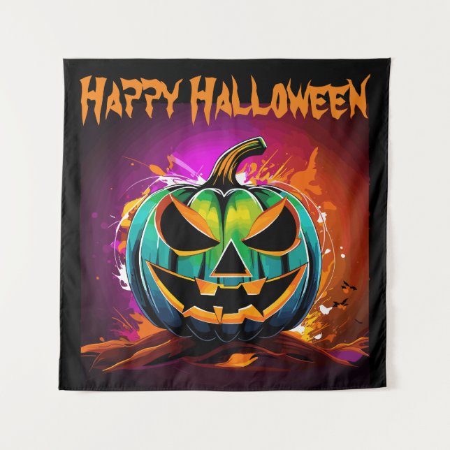 Tenture Halloween coloré Déplaisant Citrouille noir (Devant)