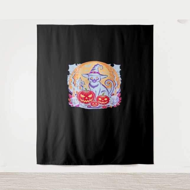 Tenture Halloween mignon Fantôme Citrouille Chat classique (Devant)