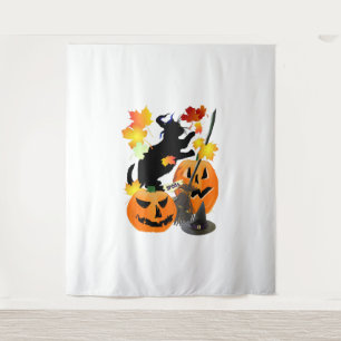 Tenture Halloween Noir Kitty Batting Joli Feuilles