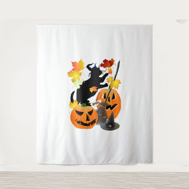 Tenture Halloween Noir Kitty Batting Joli Feuilles (Devant)
