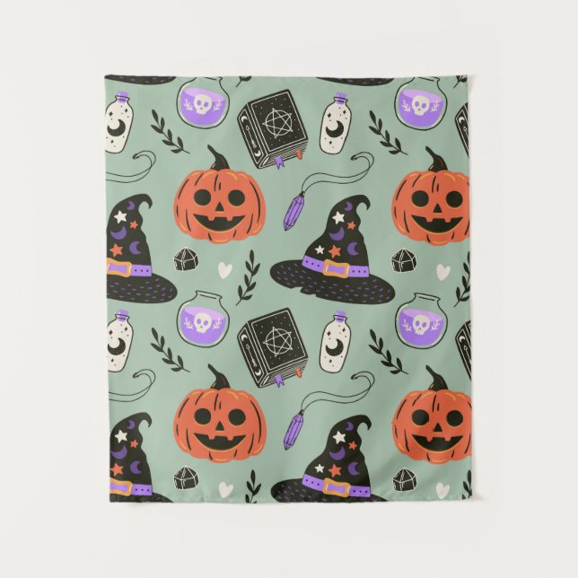 Tenture Halloween sans couture motif avec casquette sorciè (Devant)