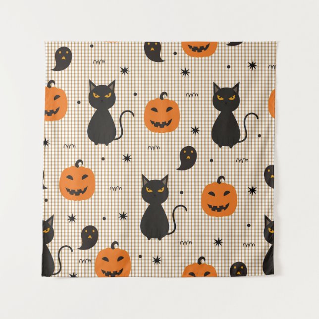 Tenture Halloween sans couture motif avec chat noir et gho (Devant)