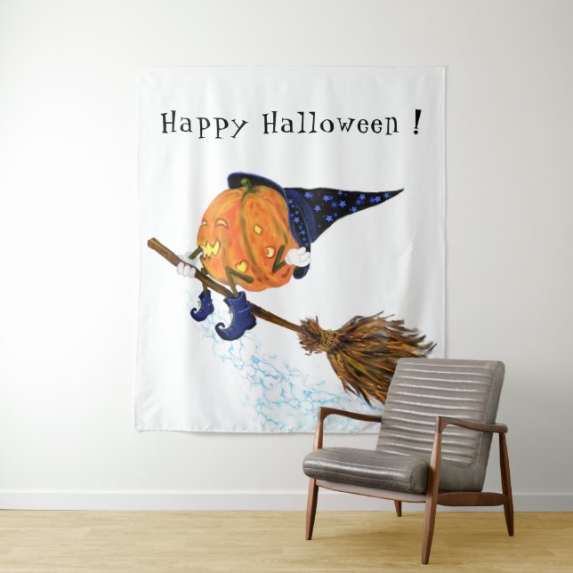 Tenture Halloween Tapestry Sorcière Citrouille Flying Broo (En situation)