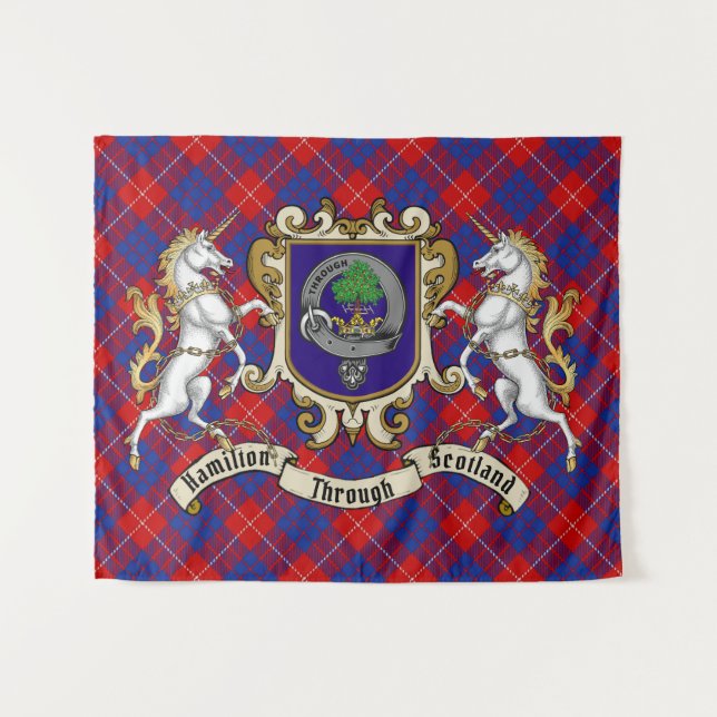 Tenture Hamilton Clan Badge & Unicorns avec Tartan (Devant (Horizontal))