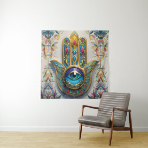 Tenture Hamsa du Troisième Œil en Filigrane Coloré Or Bleu