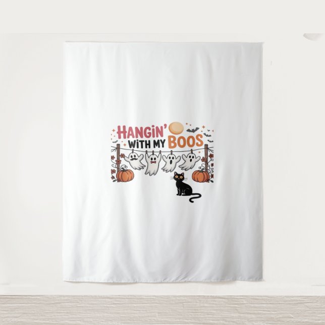 Tenture Hangin Avec Mon Fantôme Boos Tenant Chat Noir Drôl (Devant)