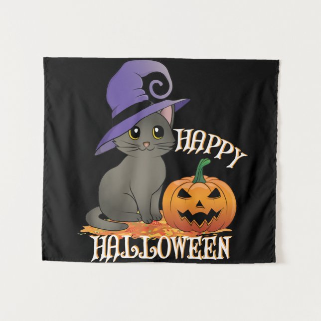 Tenture Happpy Halloween Chat avec Citrouille (Devant (Horizontal))